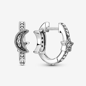 Boucles d'Oreilles Créoles Pandora Crescent Moon & Stars Beaded Argent | 5492180-YF