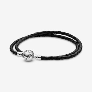 Charm Bracelets Pandora Moments Double Black Cuir Argent | 1840269-HR