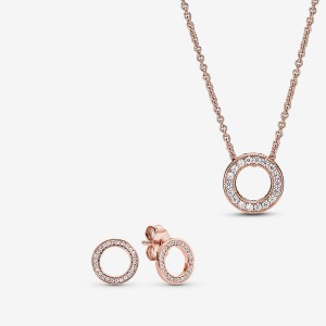 Collier Et Boucles D'oreilles Ensembles Pandora Sparkling Pave Circle Jewelry Gift Set Rose Doré | 6437082-AB