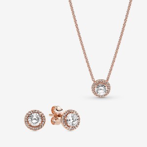 Collier Et Boucles D'oreilles Ensembles Pandora Sparkling Statement Halo Jewelry Gift Set Rose Doré | 1596024-XG