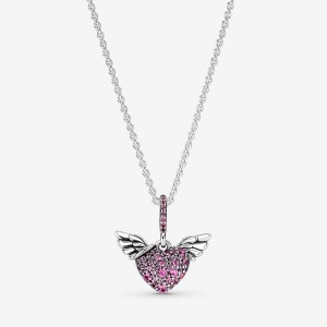 Pendant Necklaces Pandora Pavé Heart & Angel Wings Argent | 1074986-SP