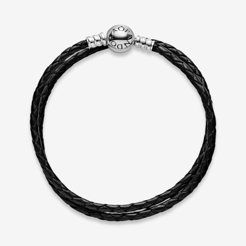 Charm Bracelets Pandora Moments Double Black Cuir Argent | 1840269-HR