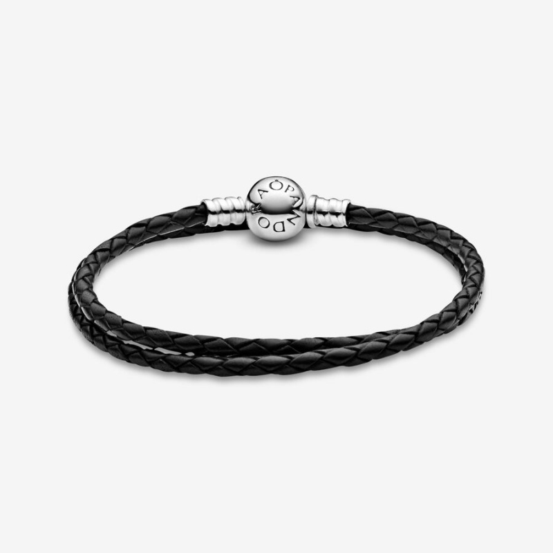 Charm Bracelets Pandora Moments Double Black Cuir Argent | 1840269-HR