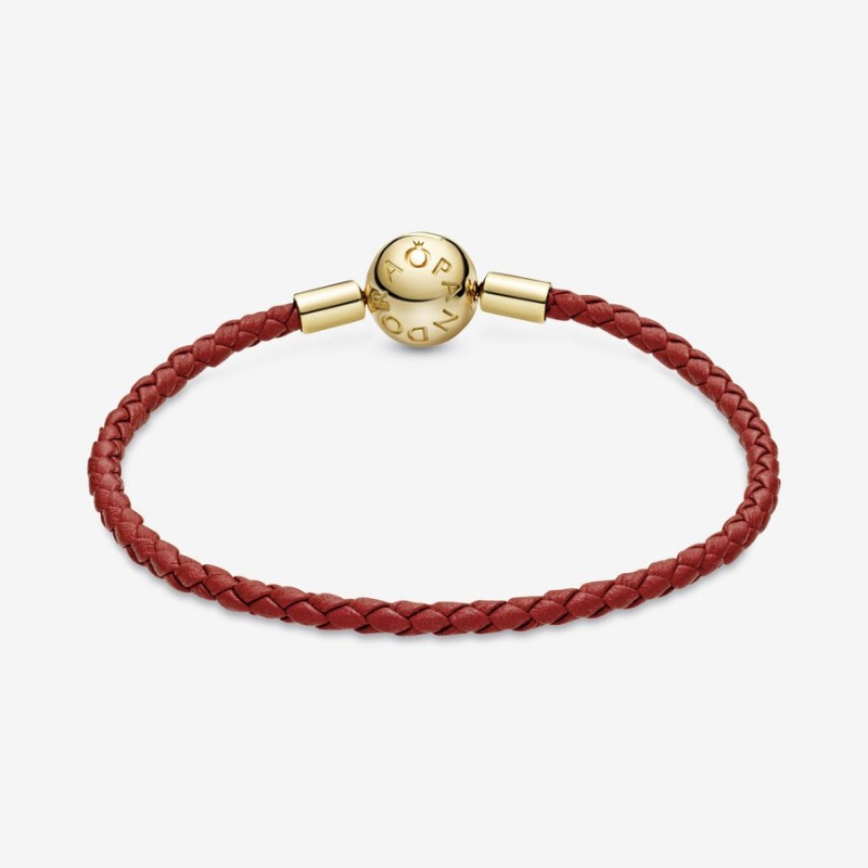 Charm Bracelets Pandora Moments Red Woven Cuir Doré | 0359784-QG