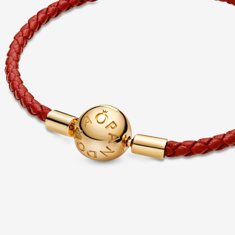 Charm Bracelets Pandora Moments Red Woven Cuir Doré | 0359784-QG