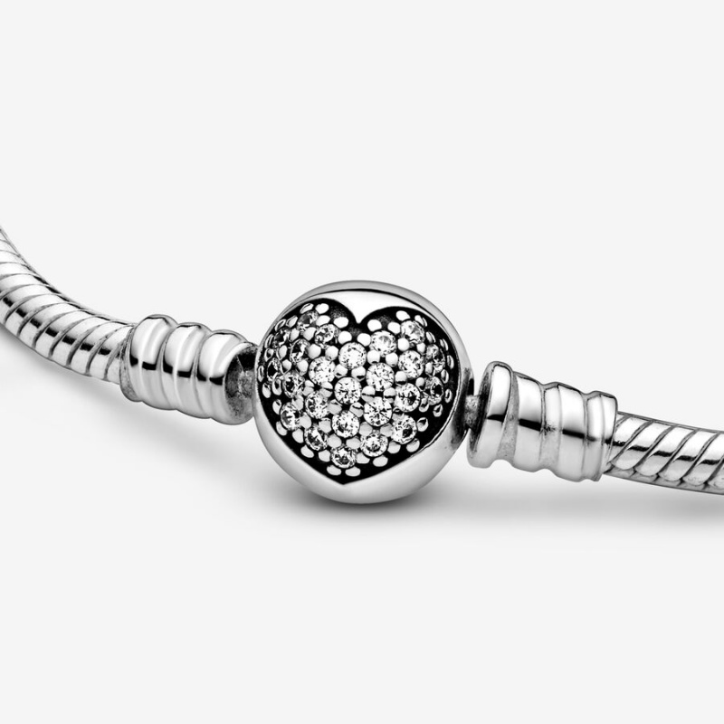 Charm Bracelets Pandora Moments Sparkling Heart Clasp Snake Argent | 9725164-BZ