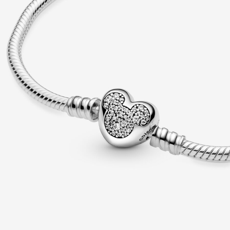 Charm Holders Pandora Moments Mickey Mouse Heart Clasp Snake Argent | 2410876-XR