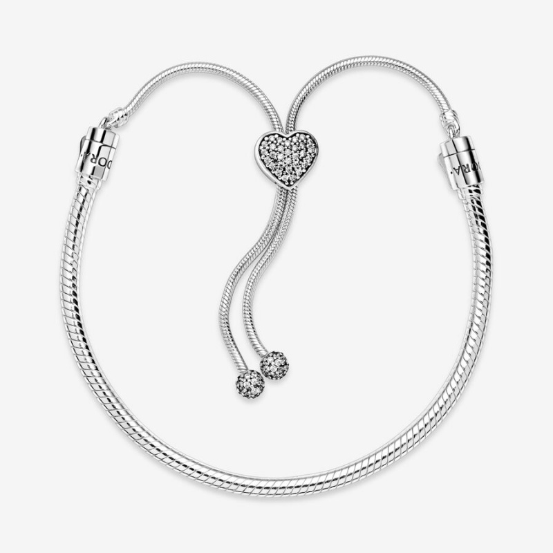 Charm Holders Pandora Moments Pavé Heart Clasp Snake Slider Argent | 3167905-LO