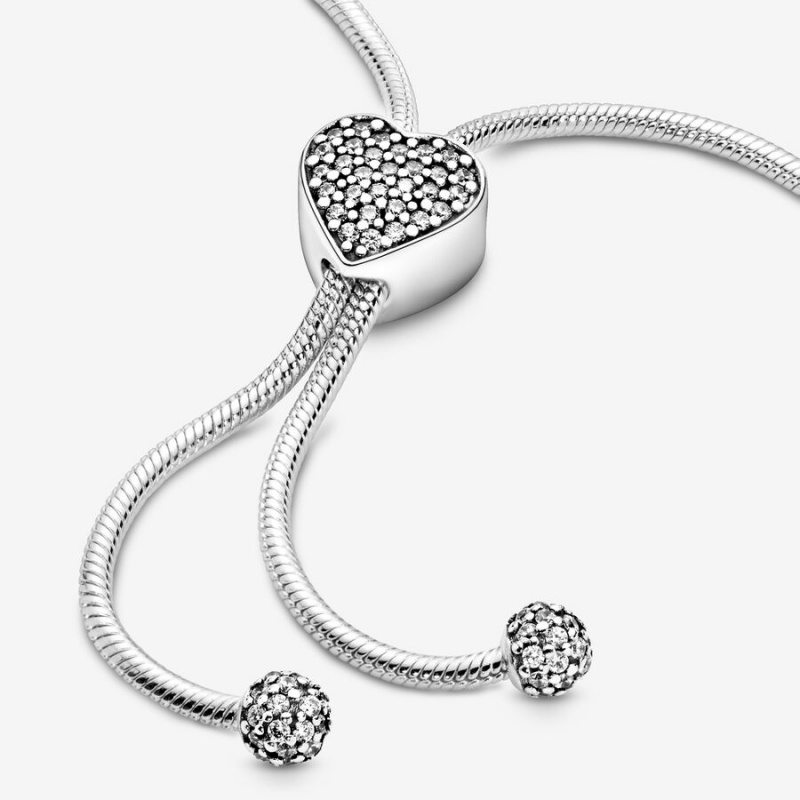 Charm Holders Pandora Moments Pavé Heart Clasp Snake Slider Argent | 3167905-LO