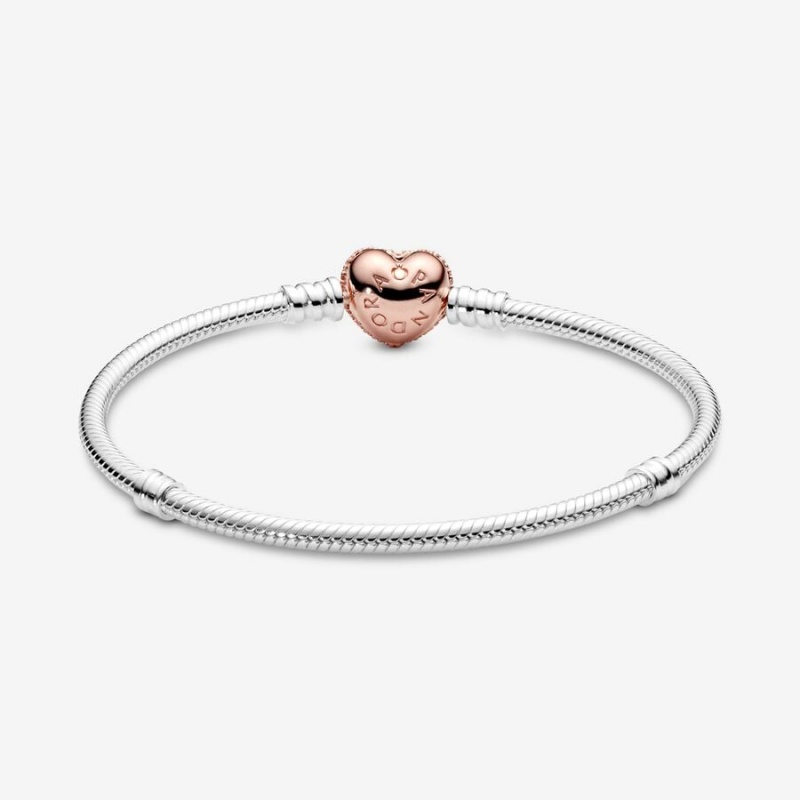 Charm Holders Pandora Moments Pavé Heart Clasp Snake Two-tone | 3580174-OJ