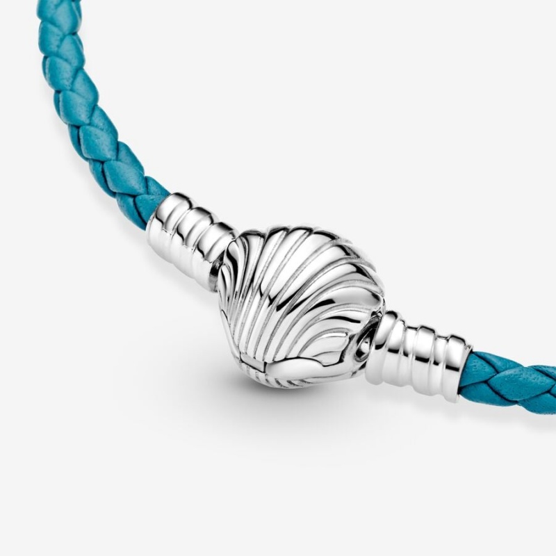 Charm Holders Pandora Moments Seashell Clasp Turquoise Braided Cuir Argent | 0641289-YI