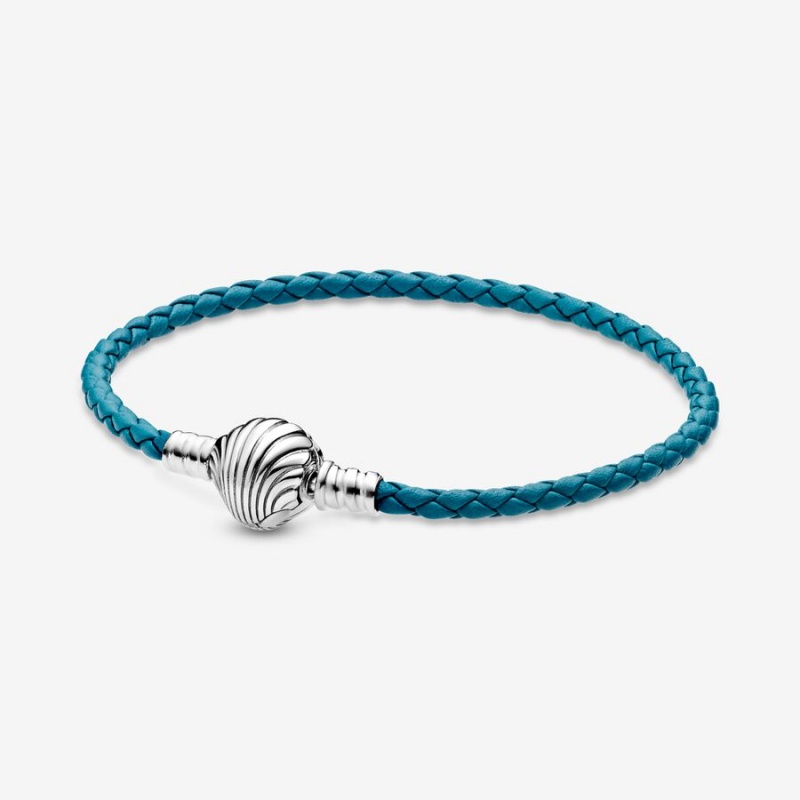 Charm Holders Pandora Moments Seashell Clasp Turquoise Braided Cuir Argent | 0641289-YI