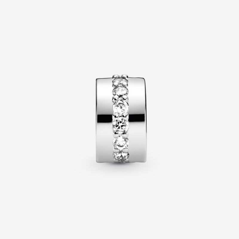 Clips Pandora Clear Sparkling Row Clip Argent | 7321468-XW