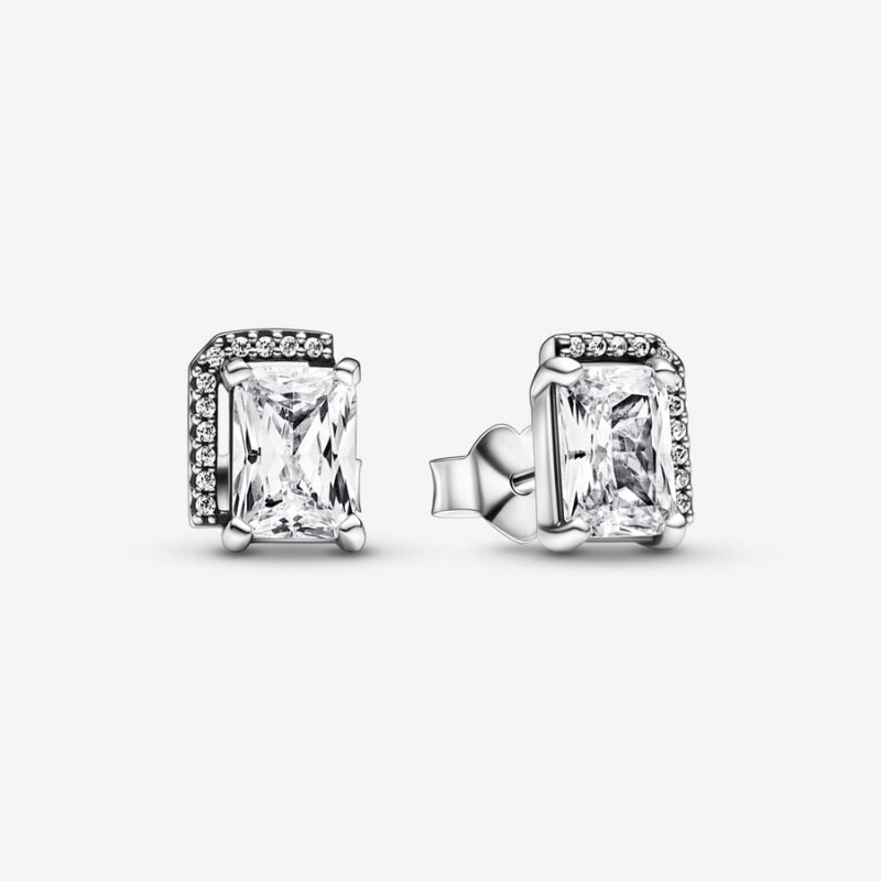 Clous d\'Oreilles Pandora Rectangular Sparkling Halos Argent | 1825734-BY