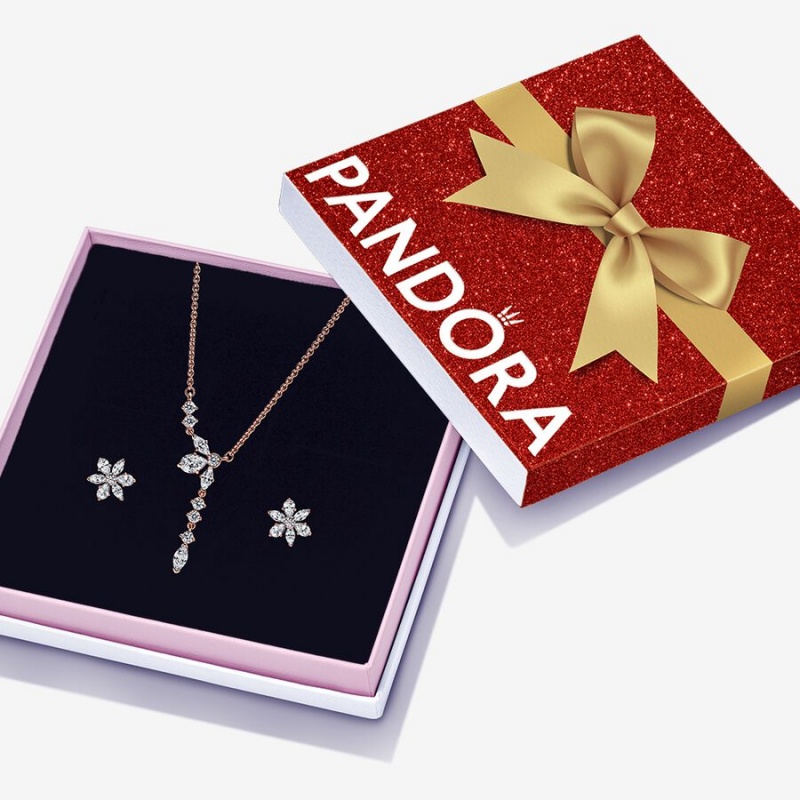 Collier Et Boucles D\'oreilles Ensembles Pandora Sparkling Snowflake Jewelry Gift Set Rose Doré | 0829715-KC