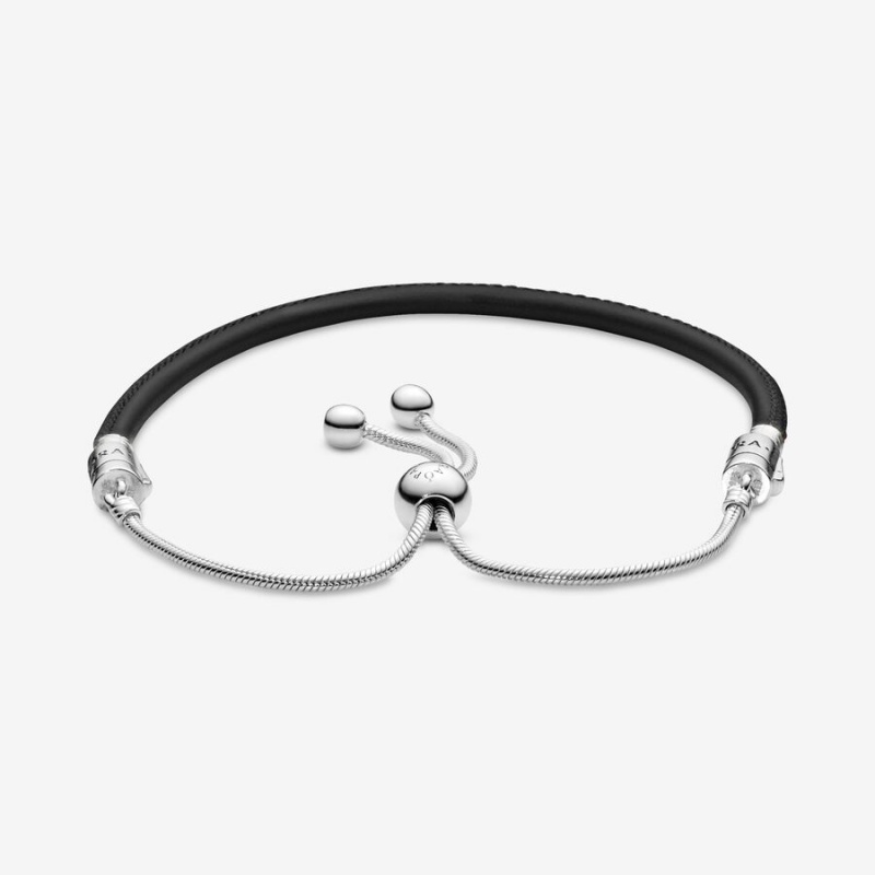 Leather Bracelets Pandora Moments Black Cuir Slider Argent | 6502197-ME