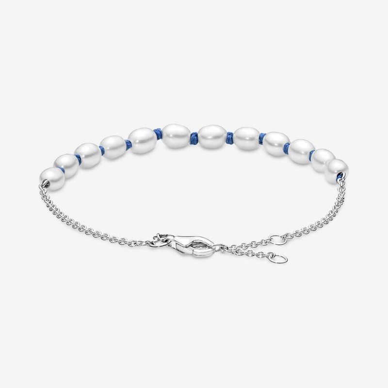 Non-charm Bracelets Pandora Treated Freshwater Cultured Pearl Blue Cord Argent | 4570163-CD