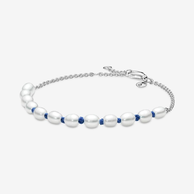 Non-charm Bracelets Pandora Treated Freshwater Cultured Pearl Blue Cord Argent | 4570163-CD