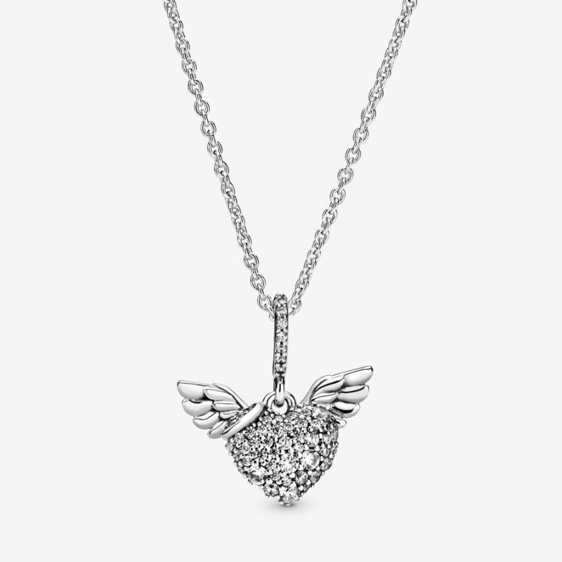 Pendant Necklaces Pandora Pavé Heart and Angel Wings Argent | 8092436-EN