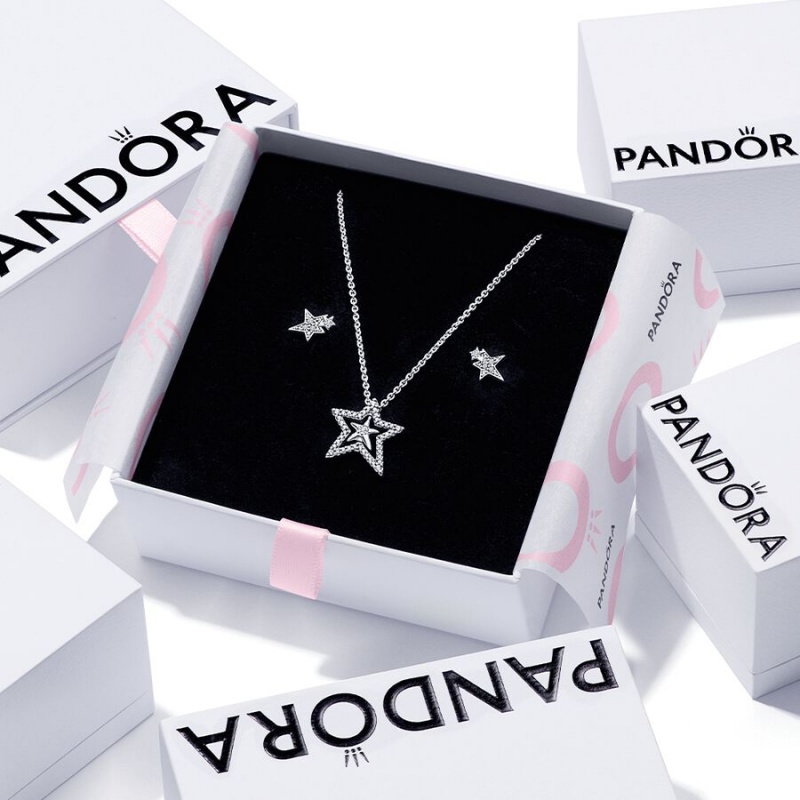 Pendant Necklaces Pandora Sparkling Asymetric Star Jewelry Gift Set Argent | 7452681-BK