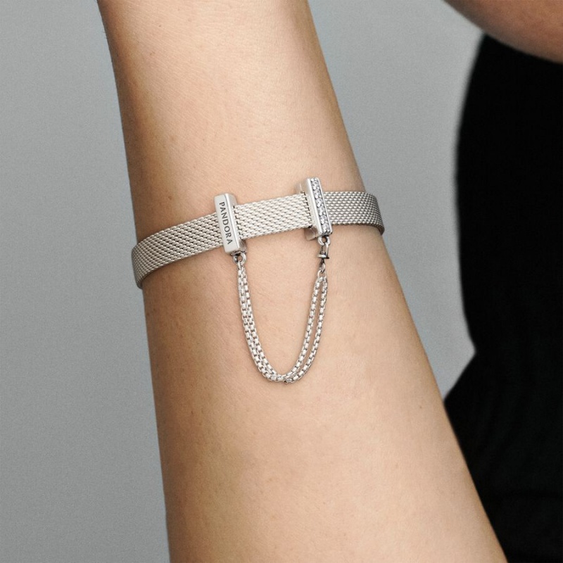 Safety Chains Pandora Reflexions™ Sparkling Sécurité Clip Argent | 0129385-MB