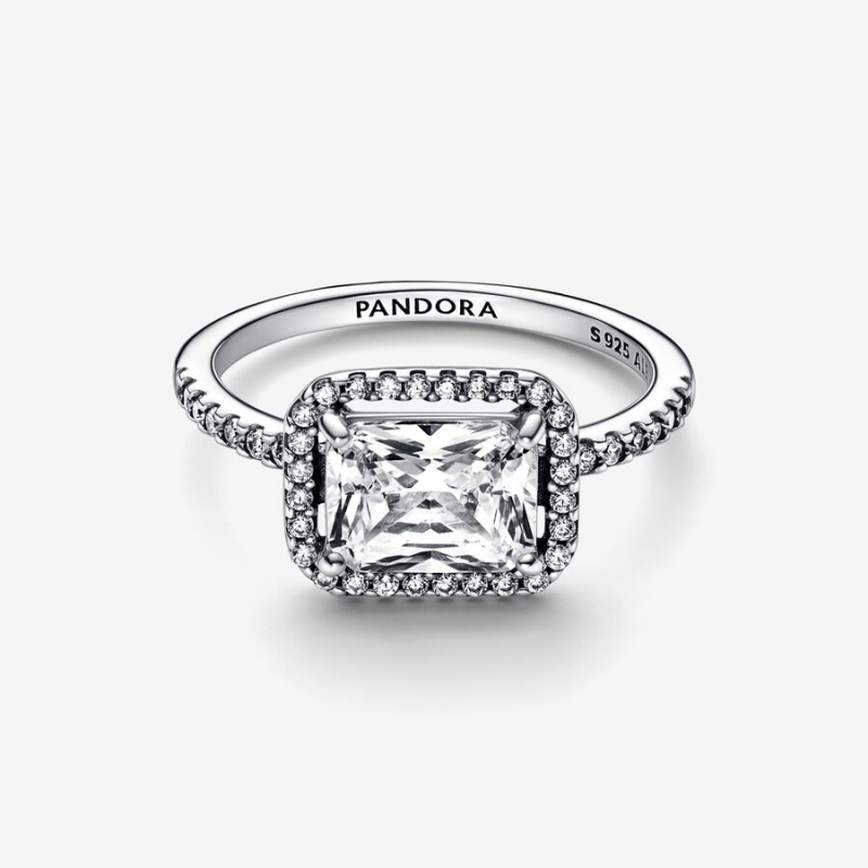 Statement Rings Pandora Rectangular Sparkling Halo Argent | 4057183-DE