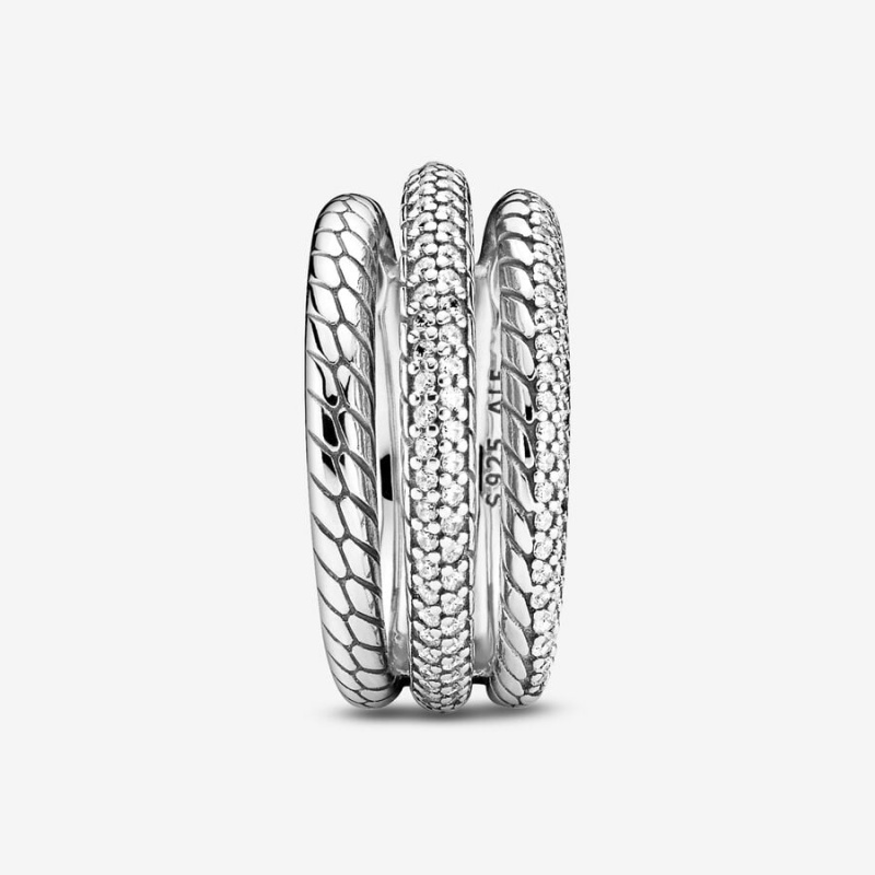 Statement Rings Pandora Triple Band Pavé Snake Chain Pattern Argent | 4657029-GE