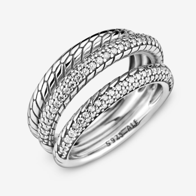 Statement Rings Pandora Triple Band Pavé Snake Chain Pattern Argent | 4657029-GE